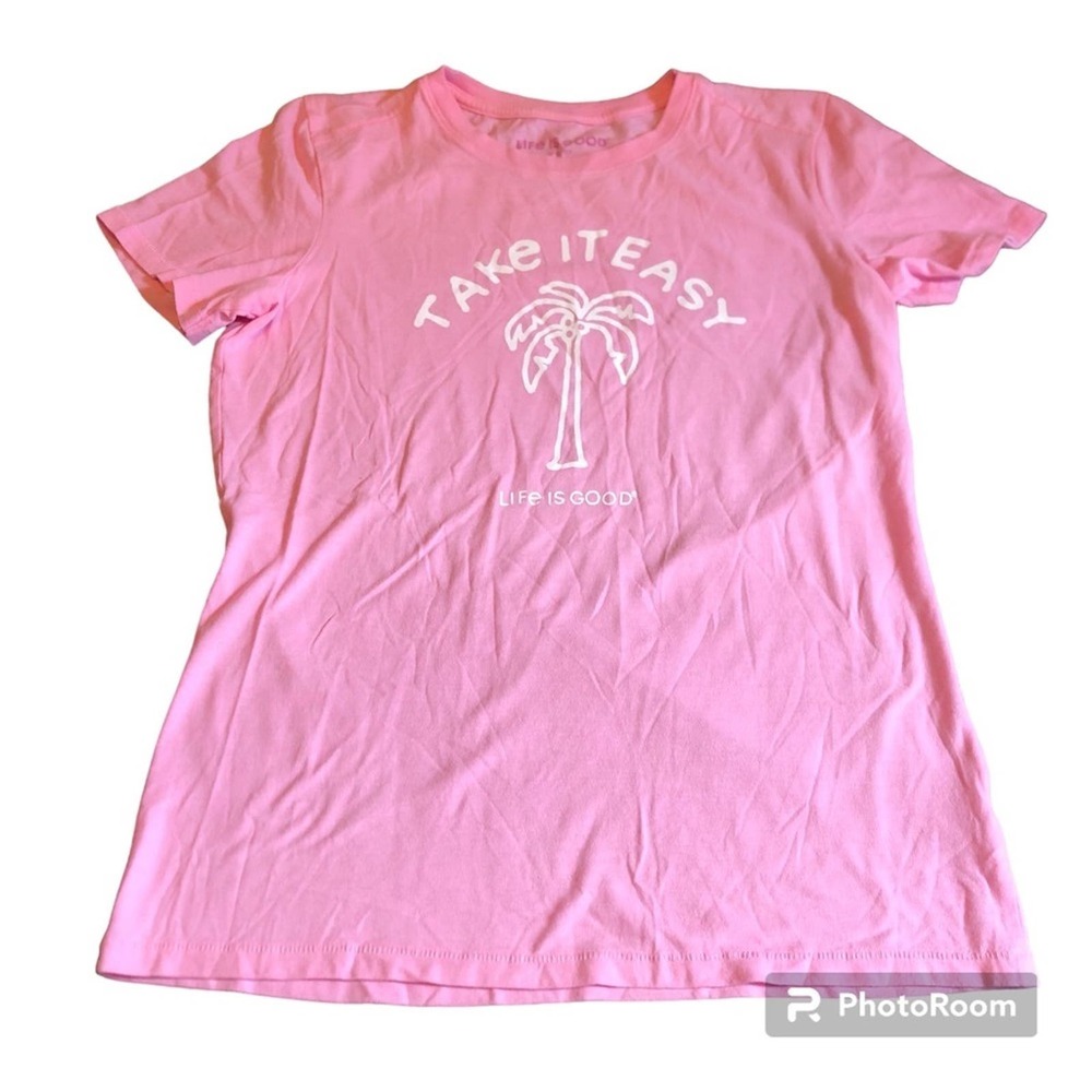Life is Good Pink Palm Tree T-Shirt Women’s Size Small Cool Beach Casual Coastal